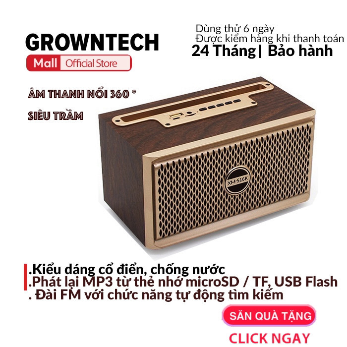 Loa bluetooth XM 516K GROWNTECH không dây âm thanh stereo kép trầm ấm , hỗ trợ thẻ nhớ TF, USB, Aux