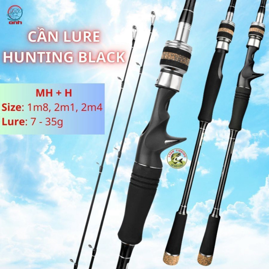 Cần Lure 2 Ngọn Hunting Black, Độ Cứng MH, H, Đủ Size 1m8, 2m1, 2m4, Chất Liệu Carbon - DCTT gạucxmn