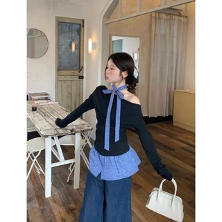 ÁO TRỄ VAI BÈO NHÚN ĐIỆU ĐÀ CHOKER KẺ CARO XINH XẮN 