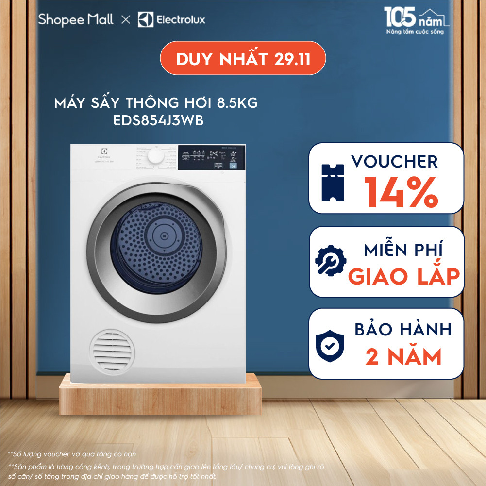 CHỈ GIAO MIỀN NAM - Free giao lắp - Máy sấy thông hơi Electrolux 8.5kg UltimateCare 300 - EDS854J3WB - Làm mới áo quần