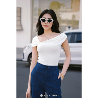 Áo Kiểu Nữ Thiết Kế CEVONNI, Áo Thun Nhún Lệch Vai Form Ôm Chất Liệu Thun Nhũ Cao Cấp CV9419