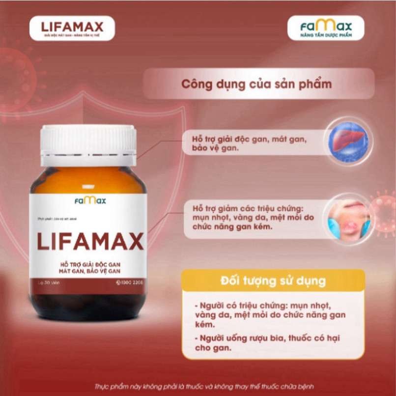 Giải Độc Gan Lifamax Giải Độc Gan, Mát Gan, Bổ Gan, Phục Hồi Chức Năng Gan (Hộp 30 Viên) thương hiệu Famax có FDA Mỹ