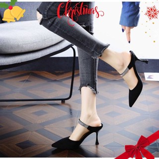 Giày cao gót nữ mã LTC51 nữ 7P gót nhọn da lộn hở gót đính đá thời trang Hàn Quốc