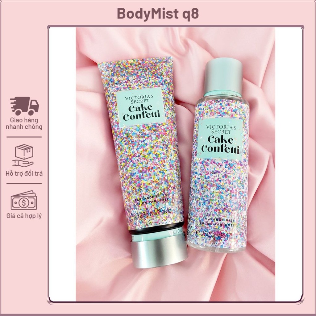 COMBO xịt thơm và Tuýp dưỡng ẩm Victoria Secret -CAKE CONFETTI tem nhãn đầy đủ)