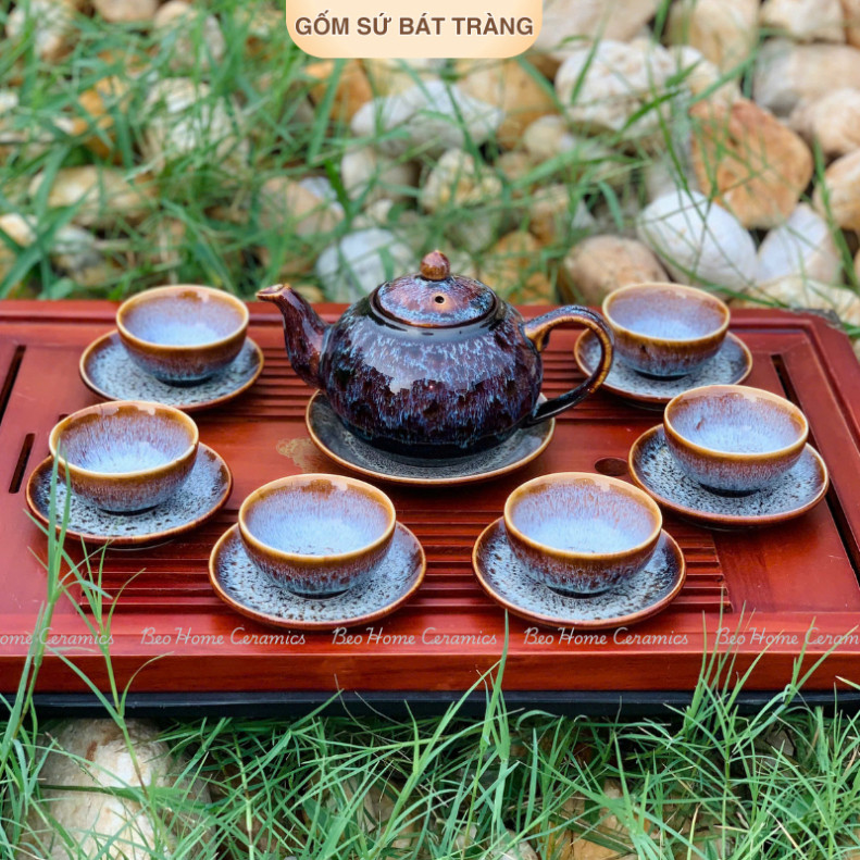 Bộ ấm chén uống trà cao cấp men hoả biến Thiên HÀ bộ ấm trà Bát Tràng cao cấp
