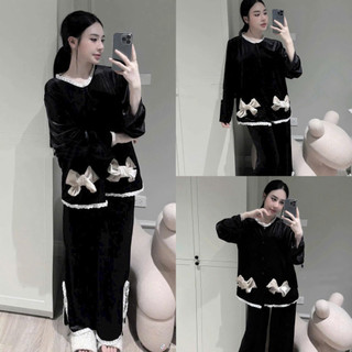  Set Bộ Đồ Nữ Áo Nhung Viền Ren Đính Nơ Mix Quần Xẻ Vạt Chất Nhung Tuyết Cao Cấp  Freeship  