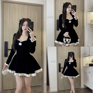 Váy Nhung Bèo Gấu Đính Hoa Trà, Chất Nhung Cứng QC Cao Cấp [Freeship]