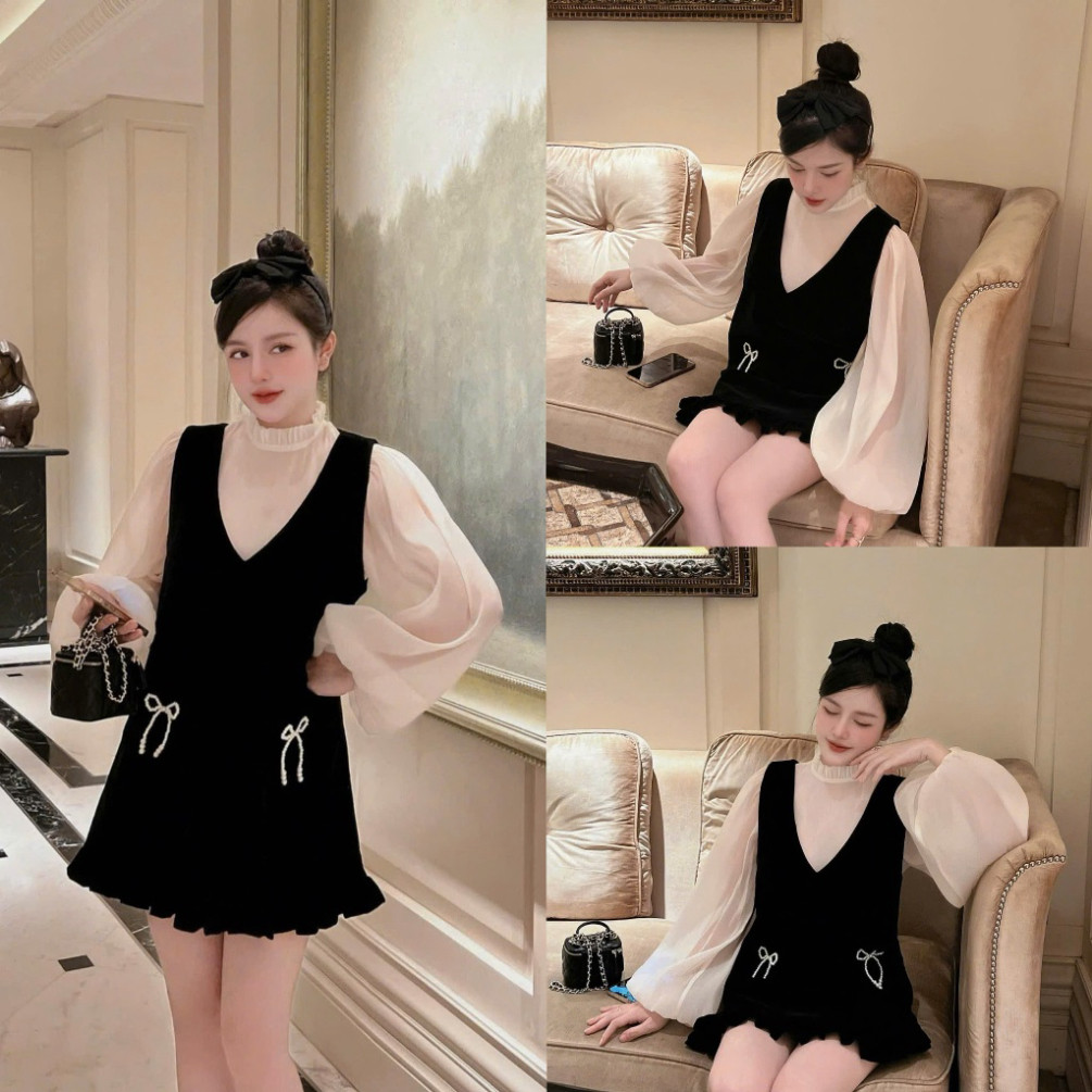  Set Váy Nhung Yếm Đính Nơ Đá Mix ÁO Sơ Mi Voan Tơ Siêu Hot  Freeship  