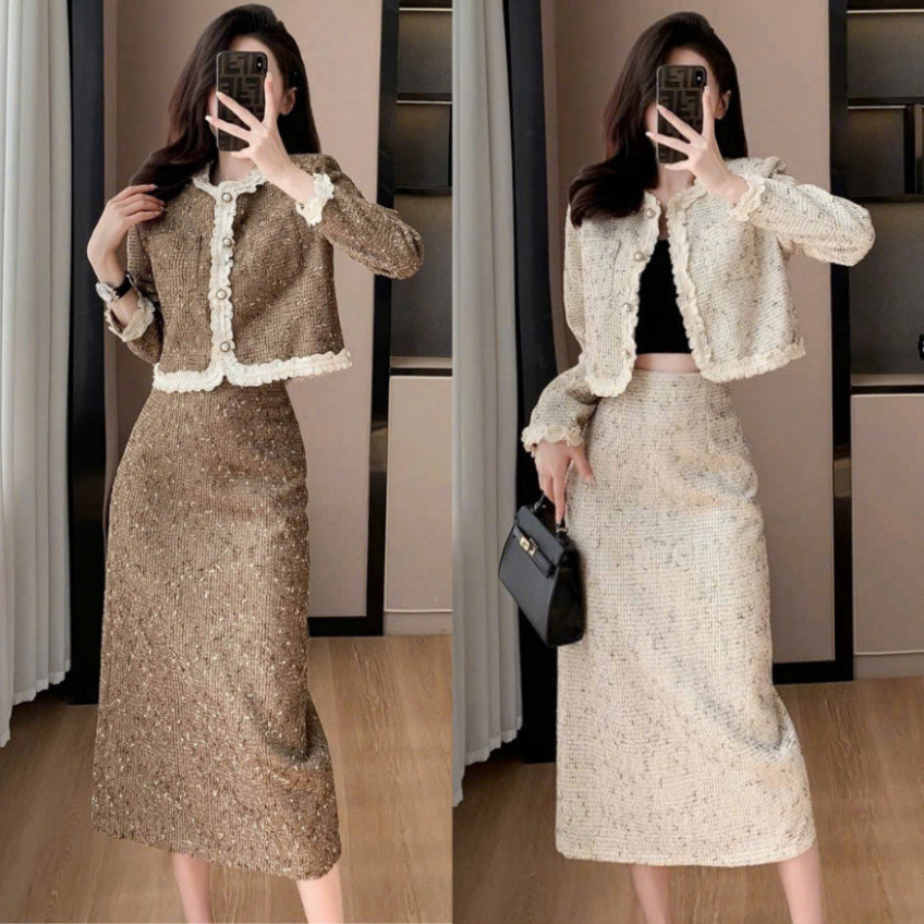 Set Dạ Tweed Dáng Dài Áo Dài Tay Phối Bèo Kèm Chân Váy Dáng Dài TYLANSTORE Đẹp Quyến Rũ ,Sang Trọng 