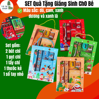  Set quà tặng Noel dụng cụ học tập 6 CHI TIẾT gồm bút chì gọt chì sổ tay thước kẻ hộp quà giáng sinh có quai 
