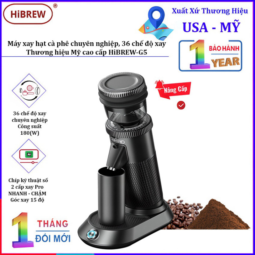 [CHÍNH HÃNG] Máy xay hạt cà phê chuyên nghiệp, tích hợp 36 chế độ xay. Thương hiệu Mỹ cao cấp HiBREW