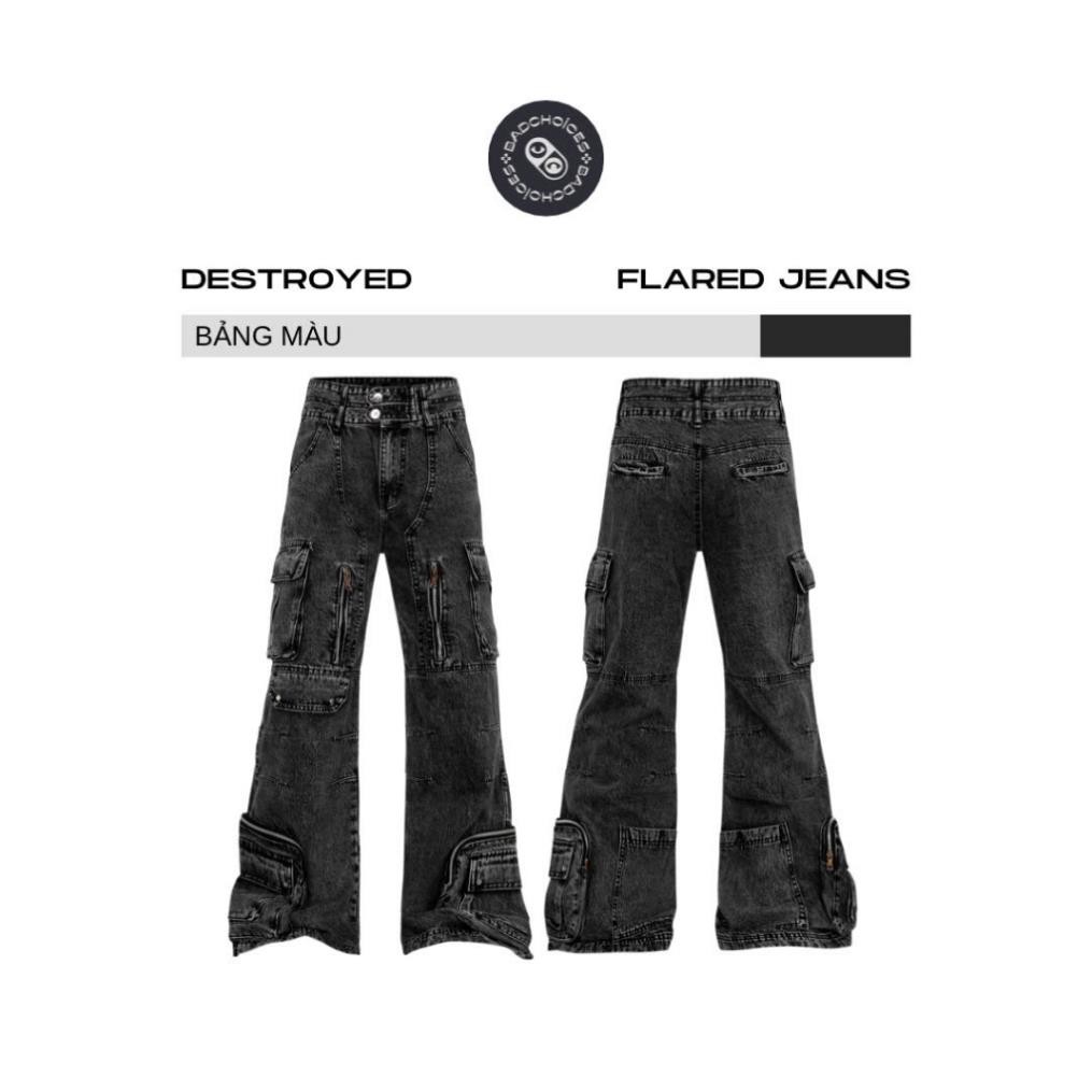 Bad Choice | Quần jean suông loe DESTROYED dây kéo phối túi hộp StreetWear Style