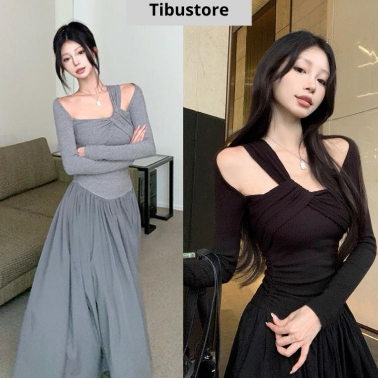 Đầm Maxi Tay Dài Khoét Lệch Vai Lạ Mắt Đầm Nữ Dáng Dài Hở Vai Dáng Xoè Tôn Eo Sang Chảnh Đi Chơi Dự 