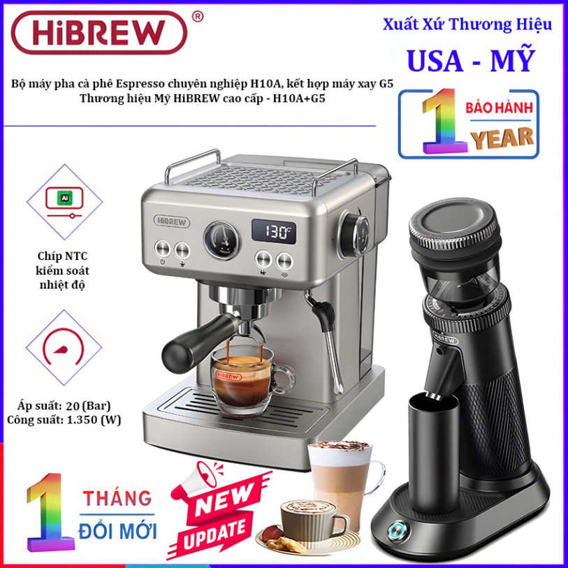 [CHÍNH HÃNG] Máy pha cà phê Espresso chuyên nghiệp, thương hiệu Mỹ HiBREW cao cấp - H10A và máy xay 