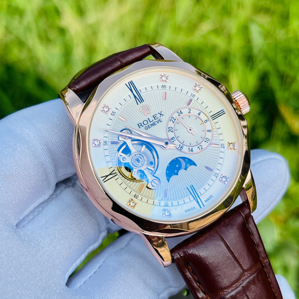 Đồng hồ rolex nam dây da cao cấp mặt lộ cơ khung viền hợp kim mặt số đính đá cực kỳ sang trọng