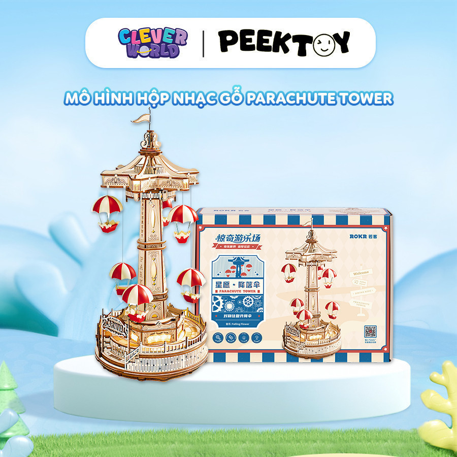 Hộp Nhạc Gỗ DIY Robotime ROKR Parachute Tower EA01, Mô Hình Lắp Ráp Gỗ Music Box Clever Box