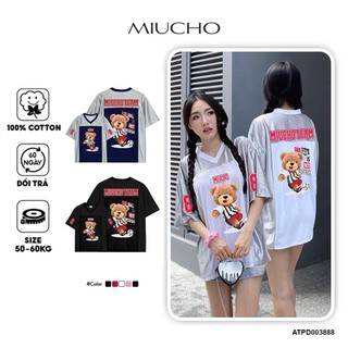 Áo thun Jersey thể thao hình gấu dáng rộng ATPD003888 Miucho tay ngắn cổ tròn in mix