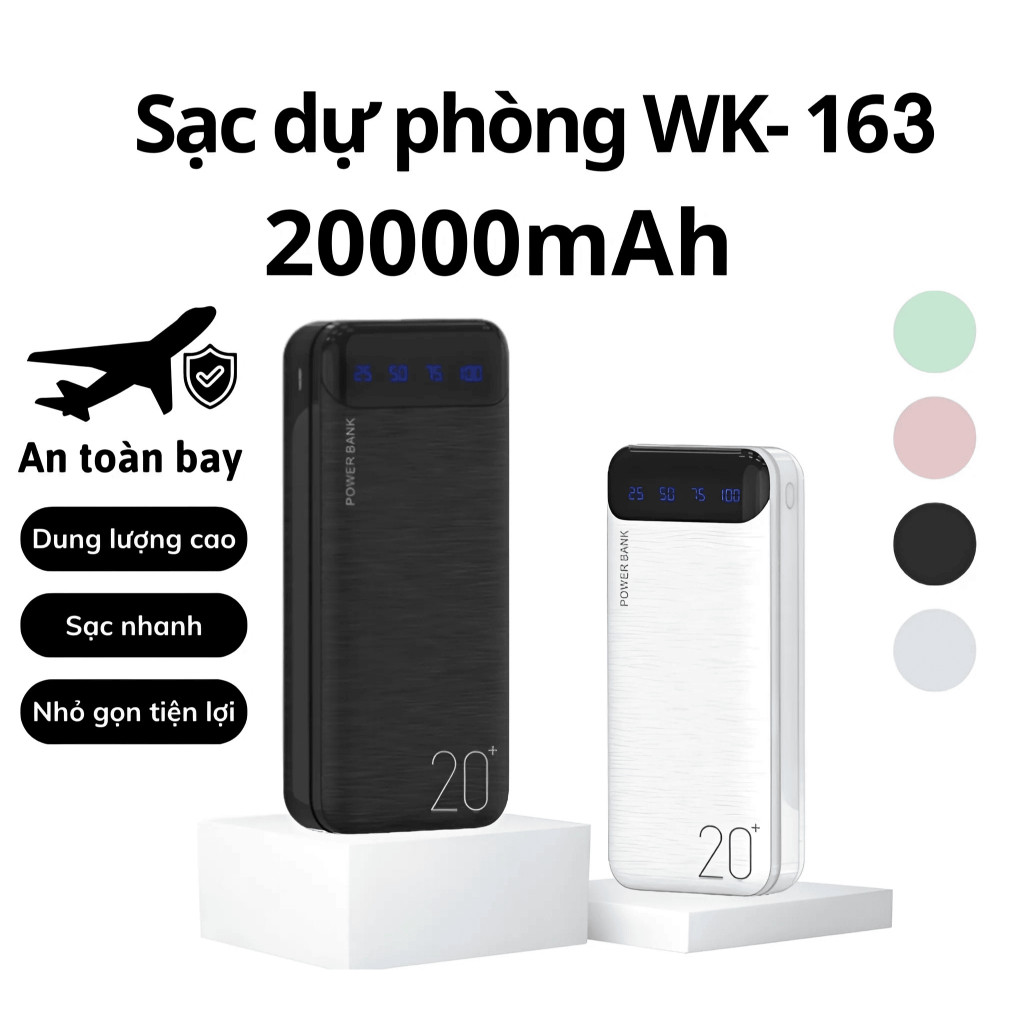 Sạc dự phòng Wekome, pin dự phòng sạc nhanh 20000 mAh WP-163 tích hợp màn hình LED hiển thị