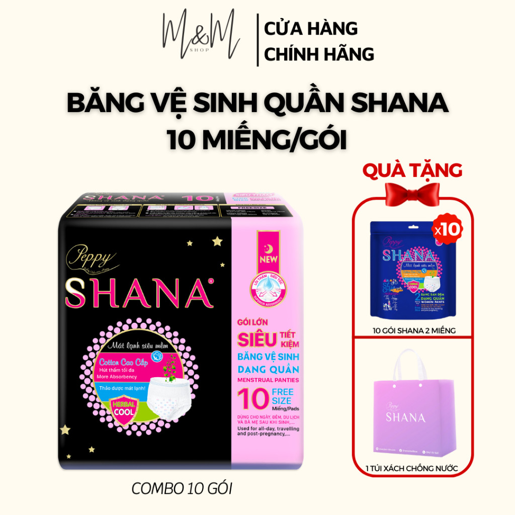 [Mua 10 tặng 10] Combo 10 gói - 100 miếng BVS Quần Shana ngày đêm, mềm mại, thấm hút tối đa, chống t