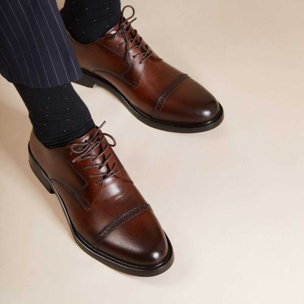 Giày Tây Cổ Thấp Nam Derby Captoe Da Bò Nâu Wax Cao Cấp Phong Cách Lịch Lãm - Thương Hiệu Steeler