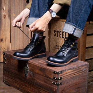 Giày Boots Cổ Lửng Nam Combat Da Bò Đen Trơn Bóng Đế Khâu Mckay - Work Boots Thương Hiệu Steeler