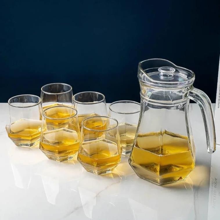 Bộ Bình Đựng Nước Thuỷ Tinh Kèm 6 Cốc Đựng Nước Hoạ Tiết, Bộ Bình Ly Thuỷ Tinh Sang Trọng
