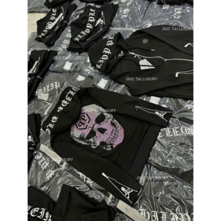Áo khoác hoodie zip nam nữ nỉ bông Philipp Plein in hình đầu lâu trắng khoá zip khắc logo hai bên mũ 2 lớp dày dặn boy p