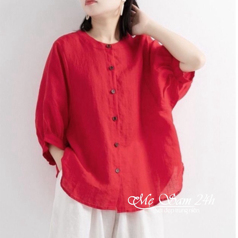 Áo sơ mi nữ trung niên cổ tròn tay lỡ Mẹ sam 24h chất liệu đũi tơ form rộng bigsize che khuyết điểm SMH.34