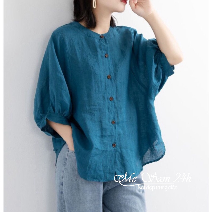 Áo sơ mi nữ trung niên cổ tròn tay lỡ Mẹ sam 24h chất liệu đũi tơ form rộng bigsize che khuyết điểm SMH.34 | BigBuy360 - bigbuy360.vn