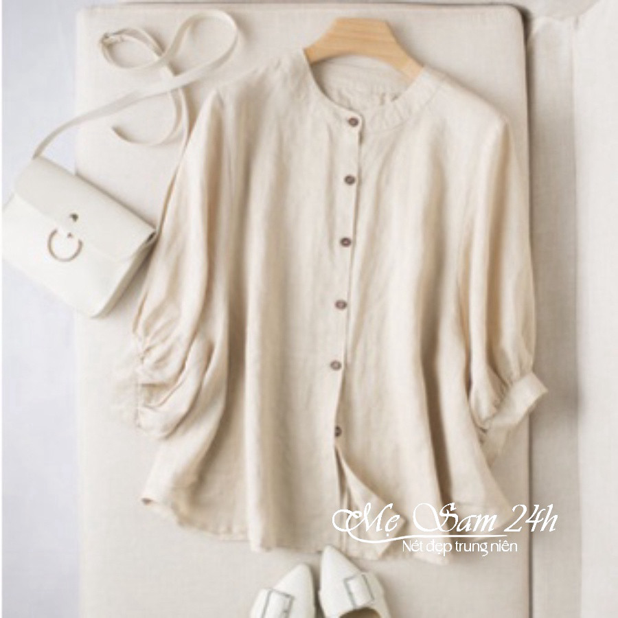 Áo sơ mi nữ trung niên cổ tròn tay lỡ Mẹ sam 24h chất liệu đũi tơ form rộng bigsize che khuyết điểm SMH.34 | BigBuy360 - bigbuy360.vn