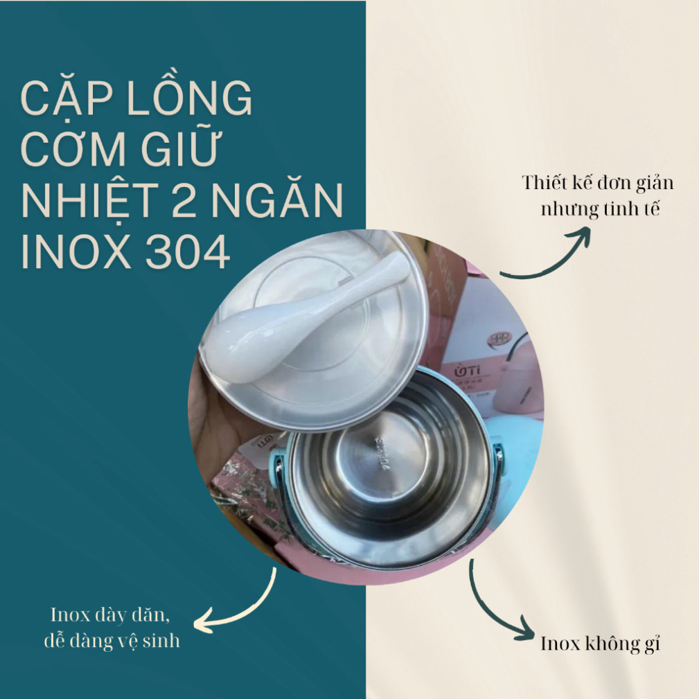 Cặp Lồng Cơm Giữ Nhiệt 2 Ngăn Inox 304 MITI LUNCH BOX giữ nhiệt đồ ăn thức uống tiện nghi Dễ lau chù