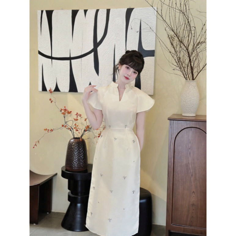 Áo dài cách tân tay bồng cổ khoét chữ V 3 màu xinh xắn - Machiko19store