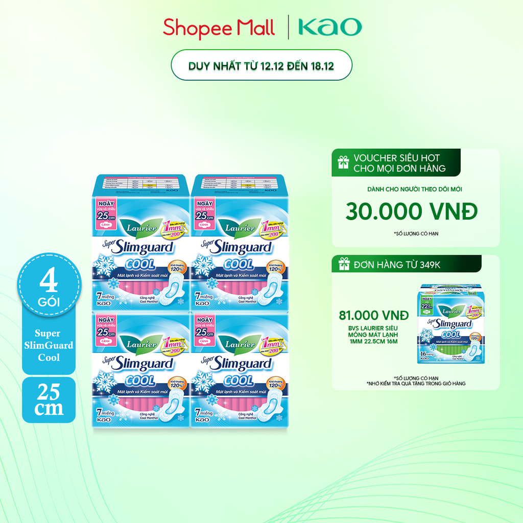 Combo 4 Gói Bvs Laurier Siêu Mỏng 1Mm Mát Lạnh 25Cm 7 Miếng