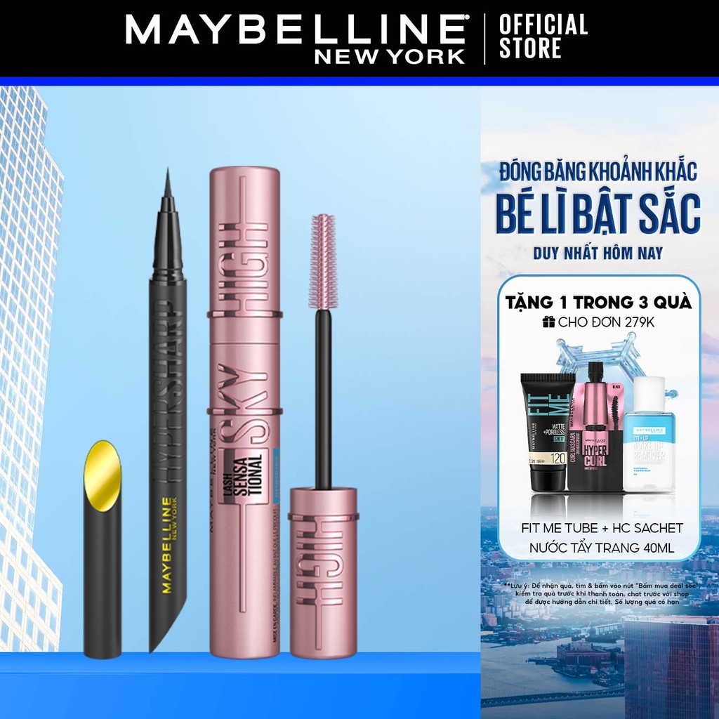 [Bộ Trang Điểm Mắt] Mascara Sky High Tơi Dài Mi Waterproof Và Bút Kẻ Mắt Nước Siêu Sắc Mảnh Maybelline New York
