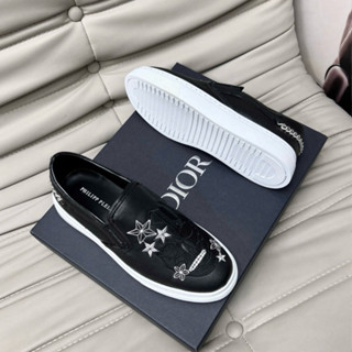 Giày slipon lười nam Philipp Plein da Pu thêu logo hình đầu lâu ngôi sao phối xích bạc gót boy phố GS139P