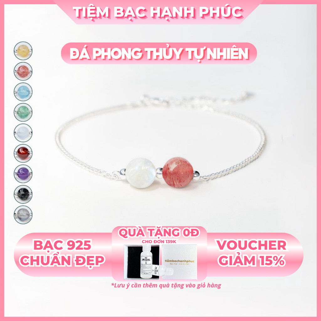 Vòng Tay Bạc 925 Nữ Đính 2 Viên Đá Phong Thuỷ Tự Nhiên Handmade Mix Charm Bi Mini Size Nhỏ Tinh Tế