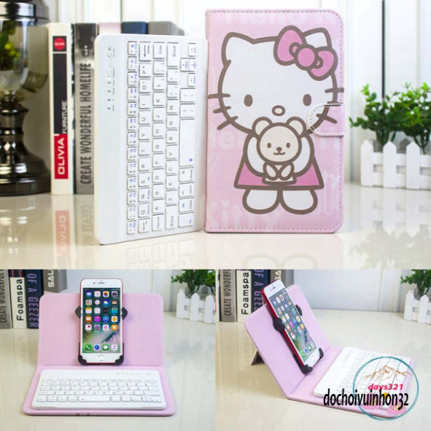 Bao da kèm keyboard không dây bluetooth hình hello kitty dùng da PU cho máy vi tính bảng Android / W