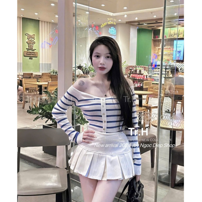 [ SẴN ] Sét Áo Len Dài Tay Trễ Vai Ôm Body Kẻ Sọc Xanh/Có Tách Sét