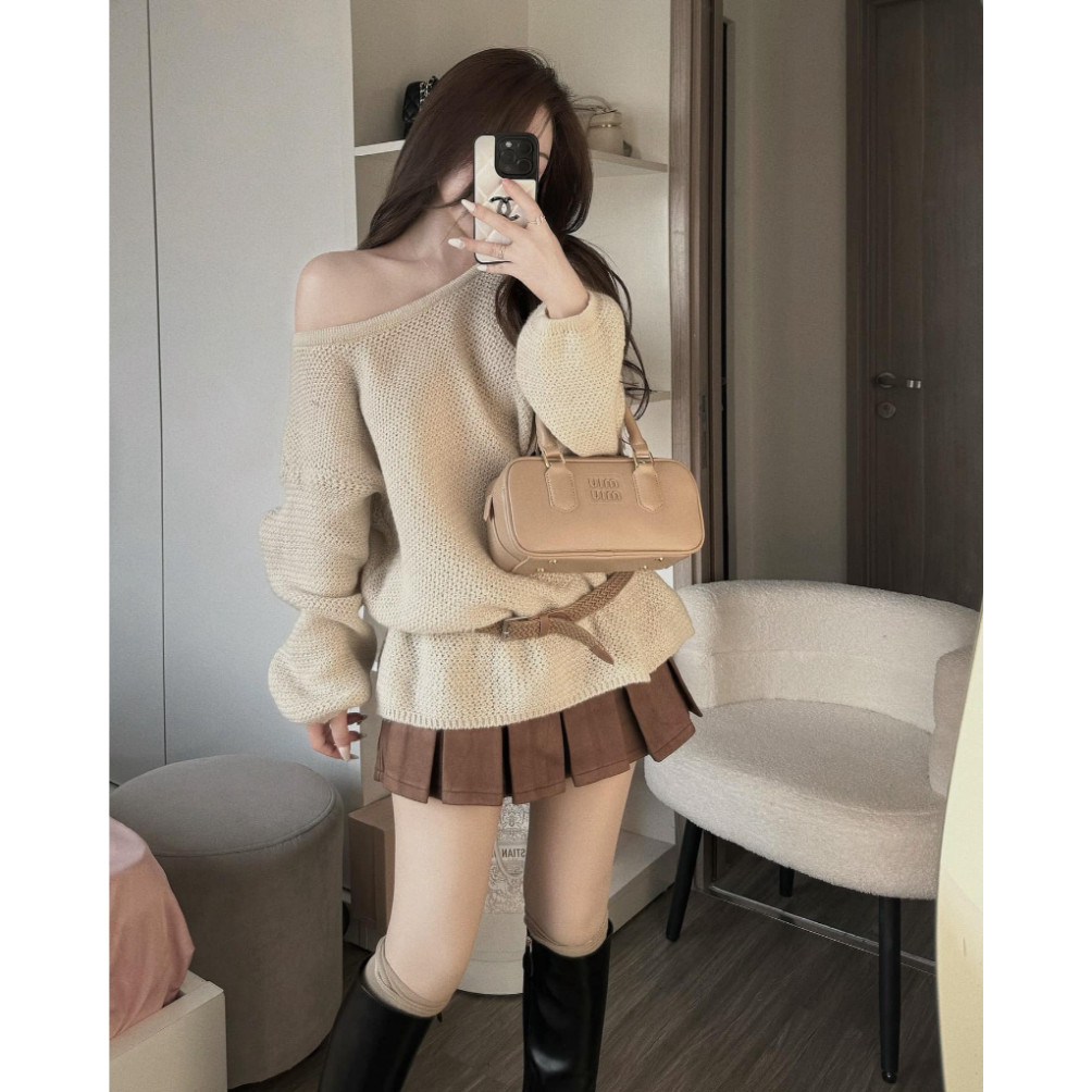  Set Đồ Nữ Áo Len Lưới Mix Chân Váy Nâu Xếp Ly Sang Chảnh,Set Áo Dài Tay Lệch Vai Chân Váy Tennis D84 