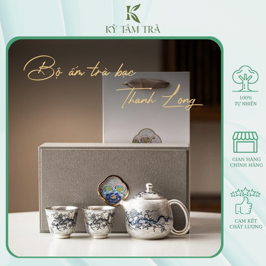 Bộ Ấm Chén Trà Thanh Long Bọc Bạc PVD KyTamTra Bộ Trà Đế Vương Hộp Quà Biếu Sang Trọng