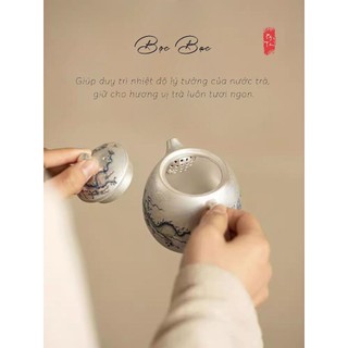Bộ Ấm Chén Trà Thanh Long Bọc Bạc PVD KyTamTra Bộ Trà Đế Vương Hộp Quà Biếu Sang Trọng