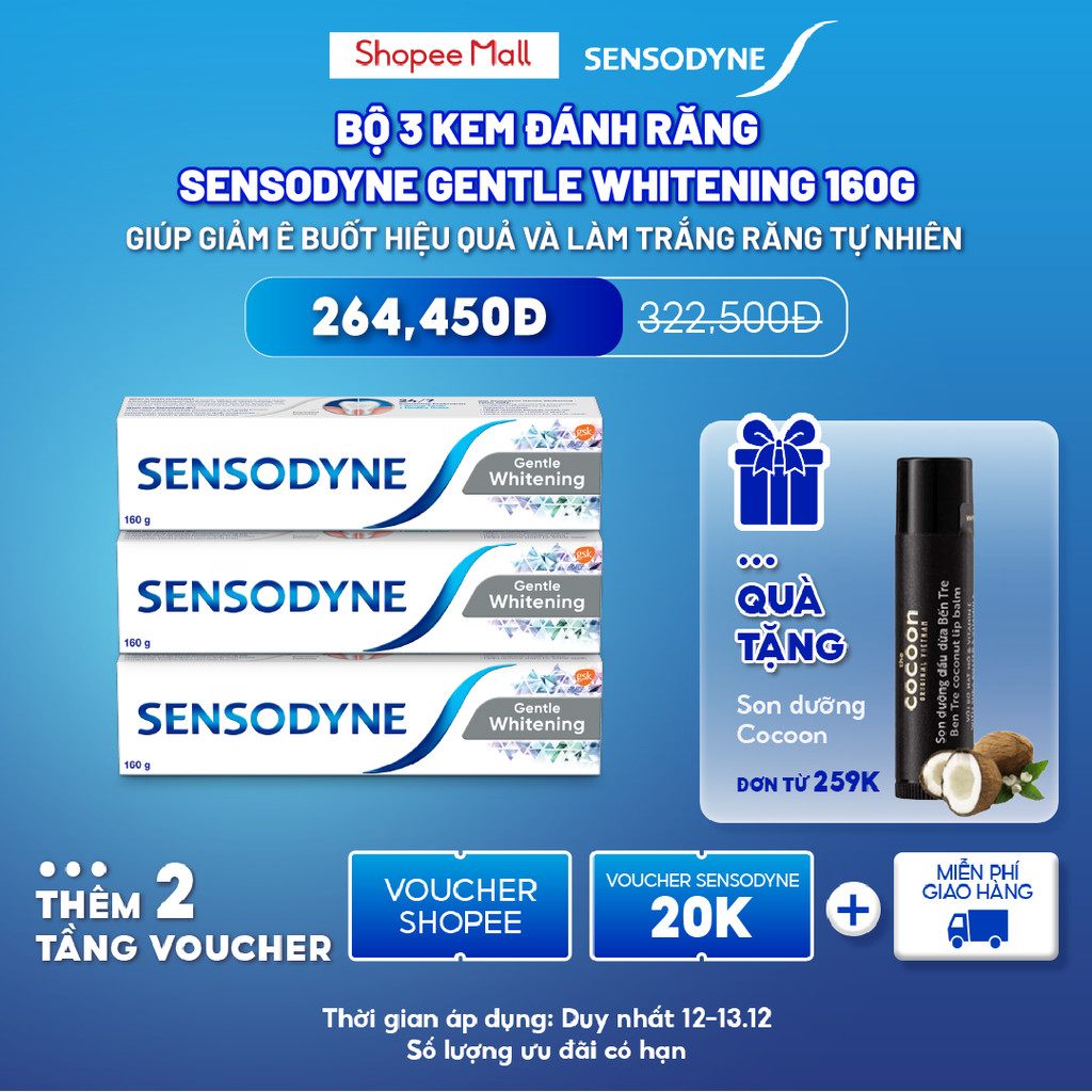 Bộ 3 Kem Đánh Răng Sensodyne Gentle Whitening 160G Giúp Giảm Ê Buốt Hiệu Quả Và Làm Trắng Răng Tự Nhiên