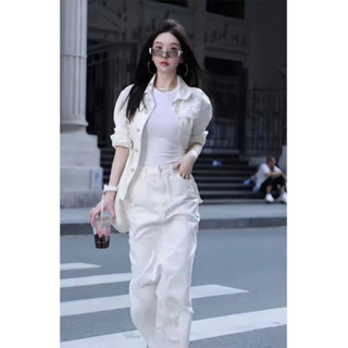 Set jean trắng áo dáng vừa váy dài, set bộ denim trắng basic dễ mặc (HC24)