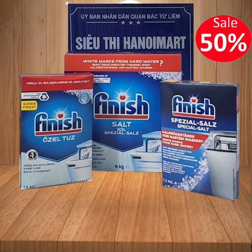 Muối rửa bát finish 4kg, 1.5kg, 1.2kg Muối finish cho Máy rửa bát ly,  Muối rửa chén finish,  Muối l