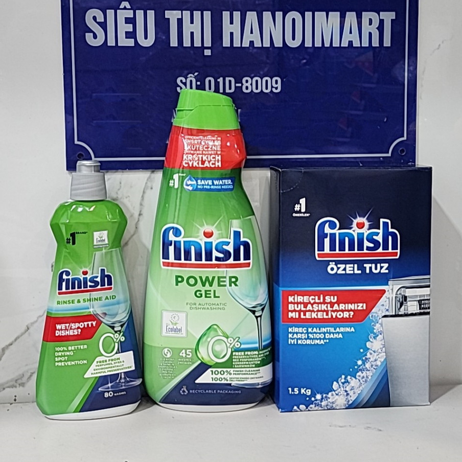 Combo Finish Eco: Gel rửa bát Finish Eco 900ml + Nước làm bóng bát Finish Eco 400ml + Muối rửa bát f