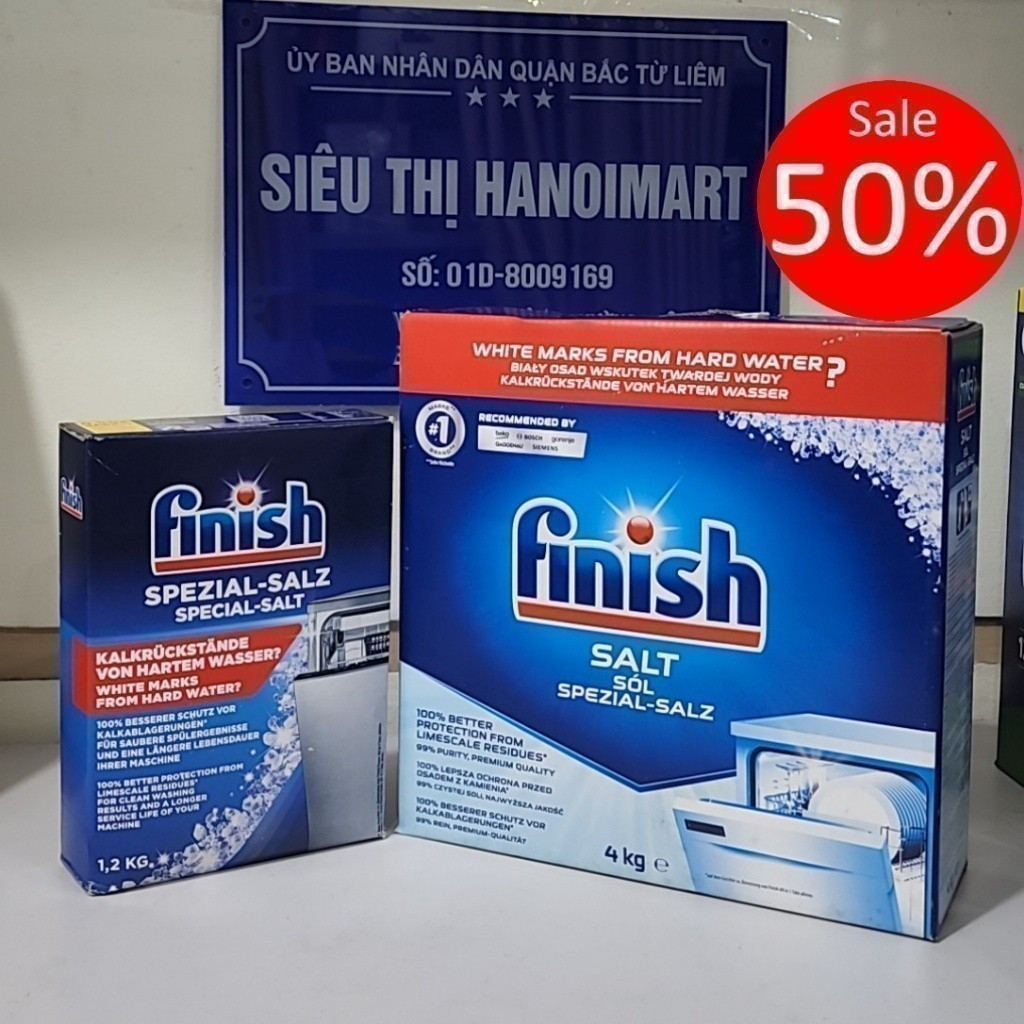 Muối rửa bát finish 4kg, 1,2kg,  Muối làm mềm nước finish, Muối rửa chén finish, muối rửa lý 1.5kg