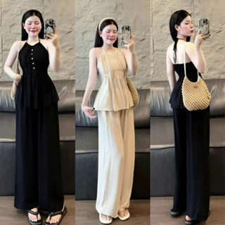 Set bộ thời trang nữ mặc đi chơi chất đũi vân mây áo cổ dây yếm xoè chạy mocking nút hở lưng quần dài suông xinh xắn sho