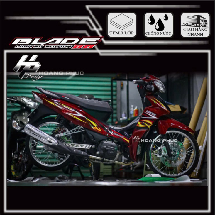 Tem xe wave blade đỏ candy chất,mẫu tem sấm sét chỉ vàng chất,in decal trắng 3 lớp chống phai và nhạ