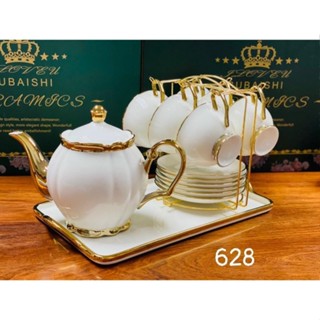  Bộ ấm chén sứ trắng viền vàng kèm khay và giá treo #628 