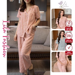 K71-Bộ Pijama Nữ Đồ Bộ Mặc Ở Nhà Đẹp Lila  Cổ V,  Kẻ Caro Tay Cộc, Quần Dáng Dài Chất Cotton Thô Nhật Lila Clothing